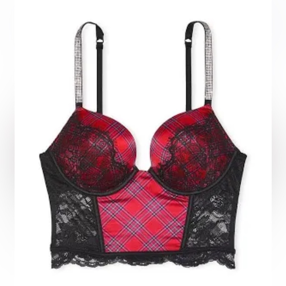 Victoria's Secret Red Plaid Push-Up Longline Bra with Black Lace